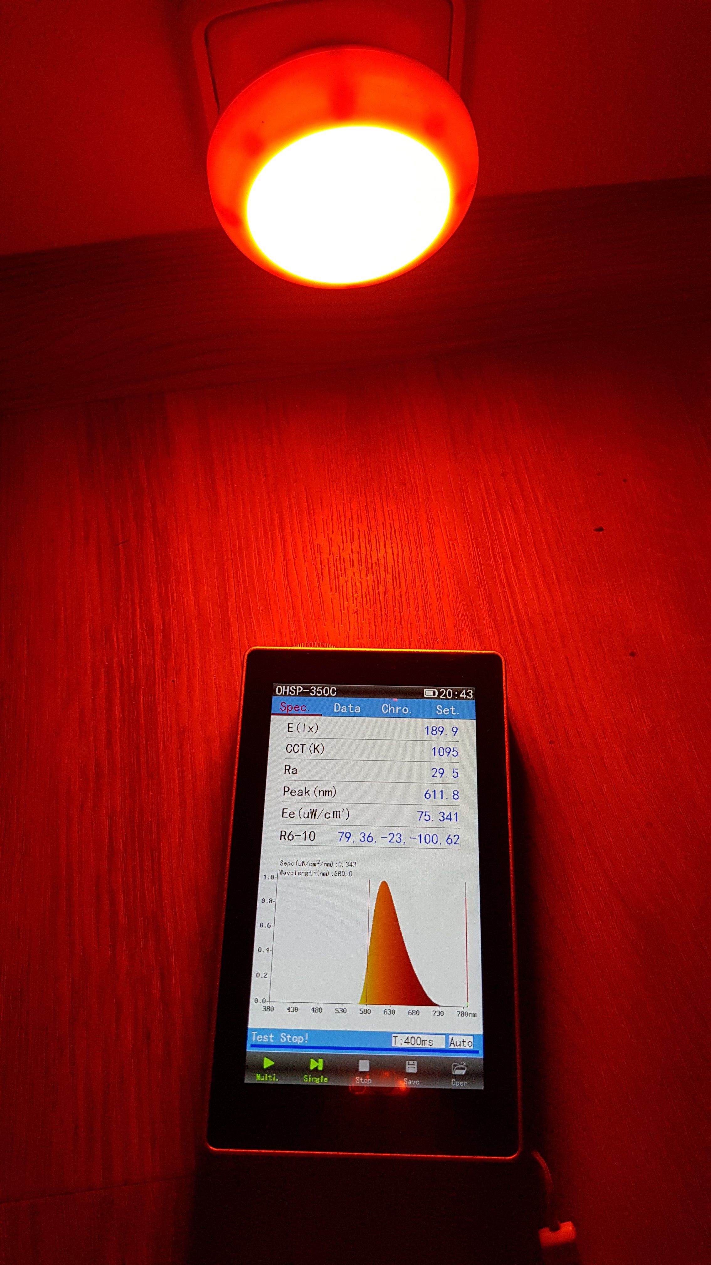 Noční svítidlo bez modré a zelené složky světla - Měření světla bez modré složky